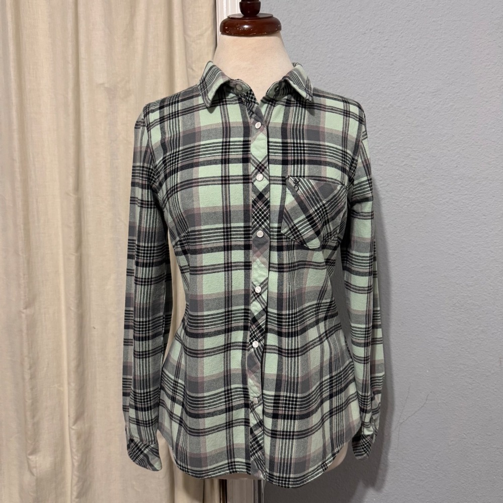 Browning Button Up Shirt Size M Womens Mint Green Plaid Flannel Snap Button